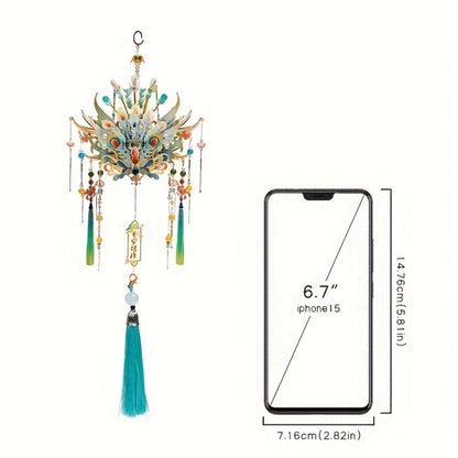 3D Metal Puzzle Phoenix Crown Qingluan – Blue & Gold DIY Assembly with Beads & Tassels, Chinese Mythology Art Collectible