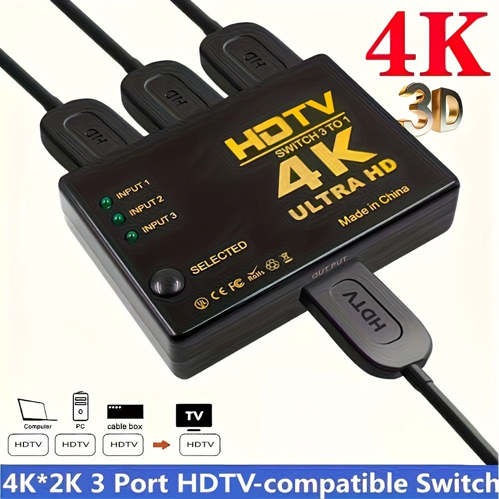 HDMI Switch 3 In 1 Out, 4K 1080P HD Video Switcher Splitter Hub, Adapter Converter for TV Box, Smart TV