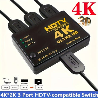 HDMI Switch 3 In 1 Out, 4K 1080P HD Video Switcher Splitter Hub, Adapter Converter for TV Box, Smart TV
