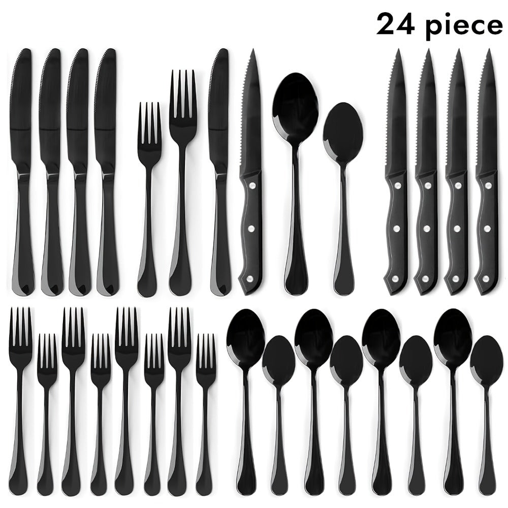 20-, 24-, 30- or 65-Piece Flatware Set in Silver or Black with Option-Specific Serving Utensils