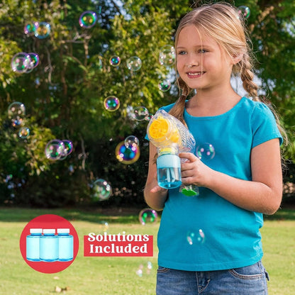 3-Pack Bubble Gun Blower with 3 Pre-Loaded Solution Refills, Hand-Powered, Color-Changing Bubbles