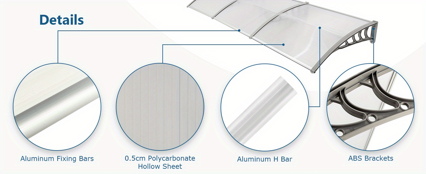 Door Awning 120"x40" Polycarbonate Canopy UPF50+ UV Rain Snow for Garden, Patio and Yard Use