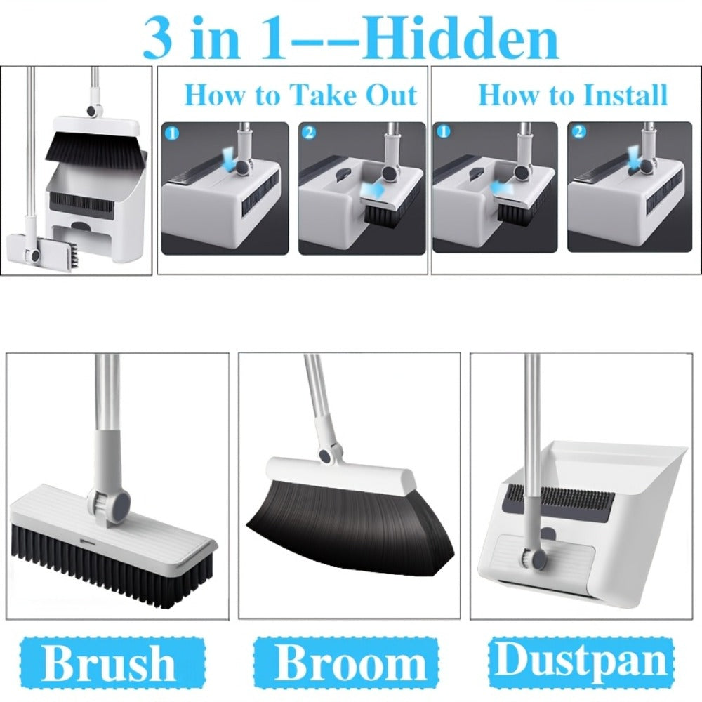 Broom and Dustpan Set 3-in-1 with Wiper – Non-Stick Hair Sweeper Household Floor Broom Combo for Indoor Outdoor Use