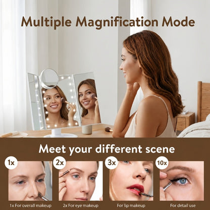 Vanity Mirror with Lights Tri-Fold 21 LED Lighted Makeup Mirror Touch Control 1X 2X 3X 10X Magnification 360 Rotation Dual Power Tabletop