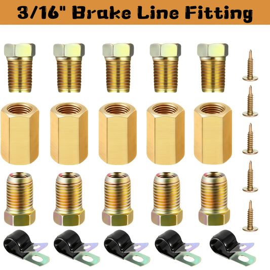 Brake Line Fittings Assortment Kit – 3/16", 1/4", 5/16" & 3/8" Tube Sizes, Inverted Flare Union Connectors, Multiple Thread Sizes