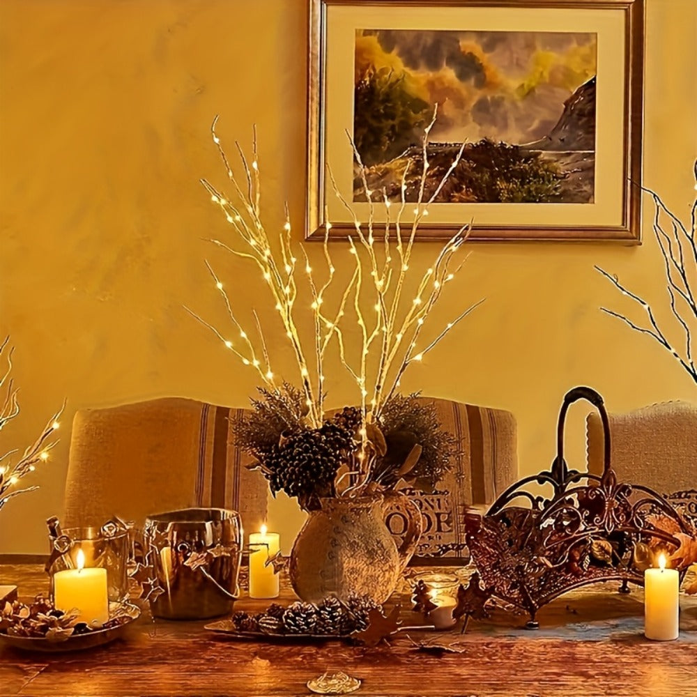 Birch Branch Lights Set of 2, Artificial Luminous Birch Tree Branches with Green Leaves & LED Fairy Lights