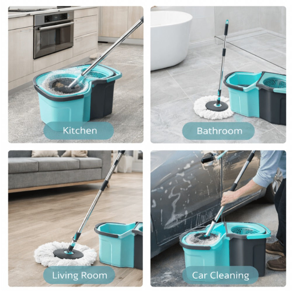 360 Spin Mop and Bucket Set with Wringer – Stainless Steel Extended Handle Spinning Mop Bucket System with Microfiber Mop Refills
