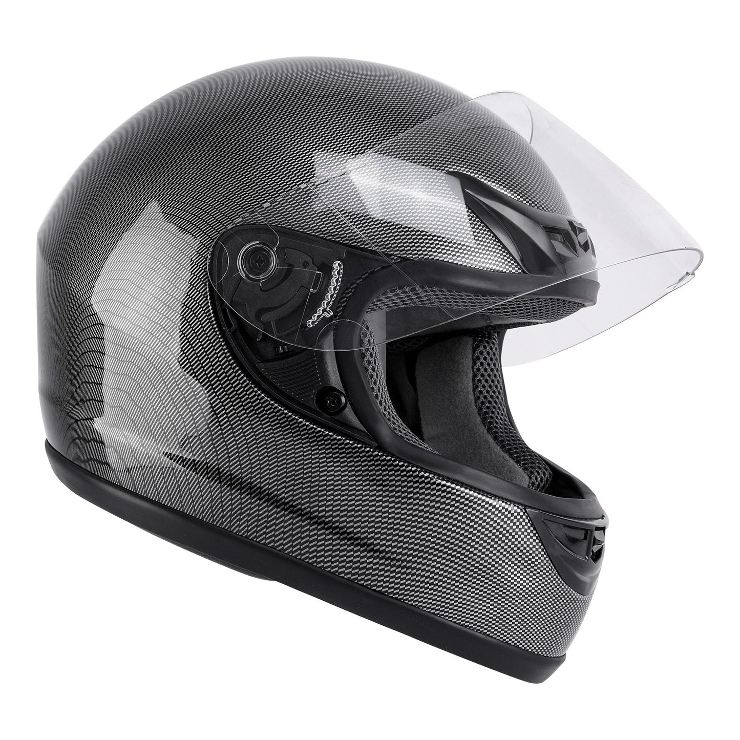 Motorcycle Helmet TCMT Full-Face Black Shell with Clear Shield, S-XL Size Chart, Interior Padding and Rear Vents