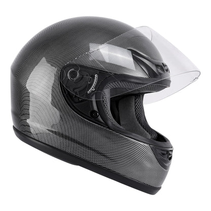 Motorcycle Helmet TCMT Full-Face Black Shell with Clear Shield, S-XL Size Chart, Interior Padding and Rear Vents