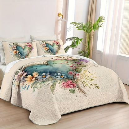 Watercolor Floral Quilt Set with Botanical Heart Print in Polychrome Twin, Full/Queen or King Sizes