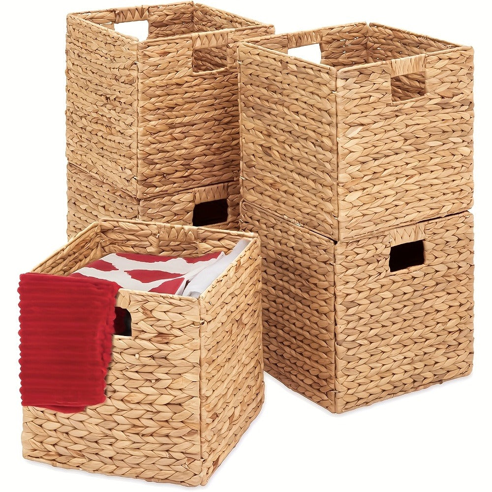 Water Hyacinth Storage Baskets 11in – Handwoven Stackable Cube Baskets for Shelves Closet Laundry, Natural Wicker Organizer Bins