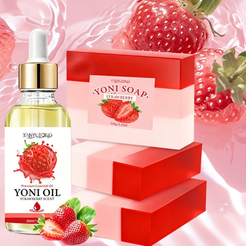 Strawberry Yoni Bath Set 4pcs for Women – Scented Yoni Oil & Soap Feminine Hygiene Kit pH Balance Odor Control Moisturizing Intimate Care