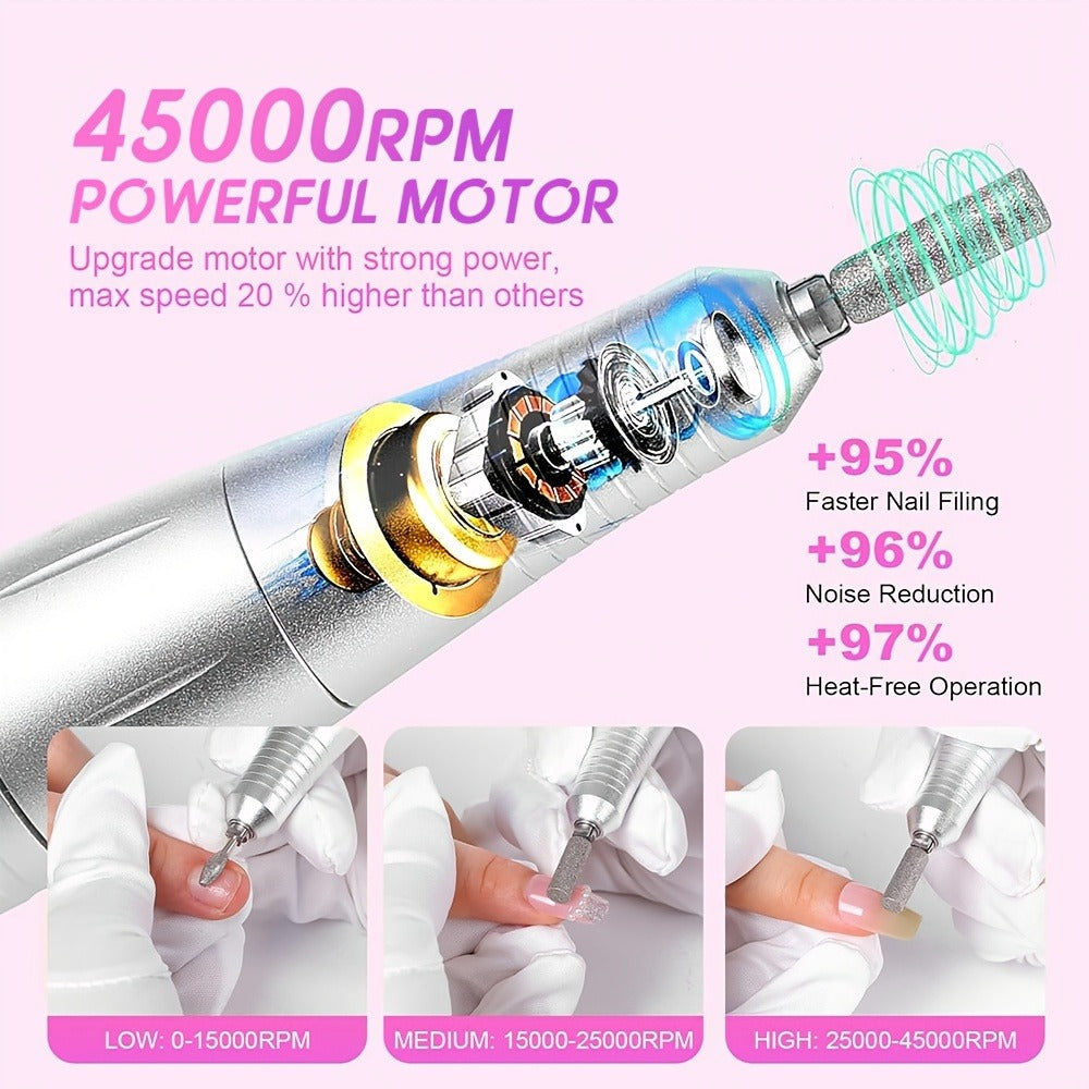 Electric Nail Drill 45000 RPM Brushless Kit with LCD Screen, 6 Bits, 6 Sanding Bands and Belt Clip