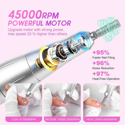 Electric Nail Drill 45000 RPM Brushless Kit with LCD Screen, 6 Bits, 6 Sanding Bands and Belt Clip