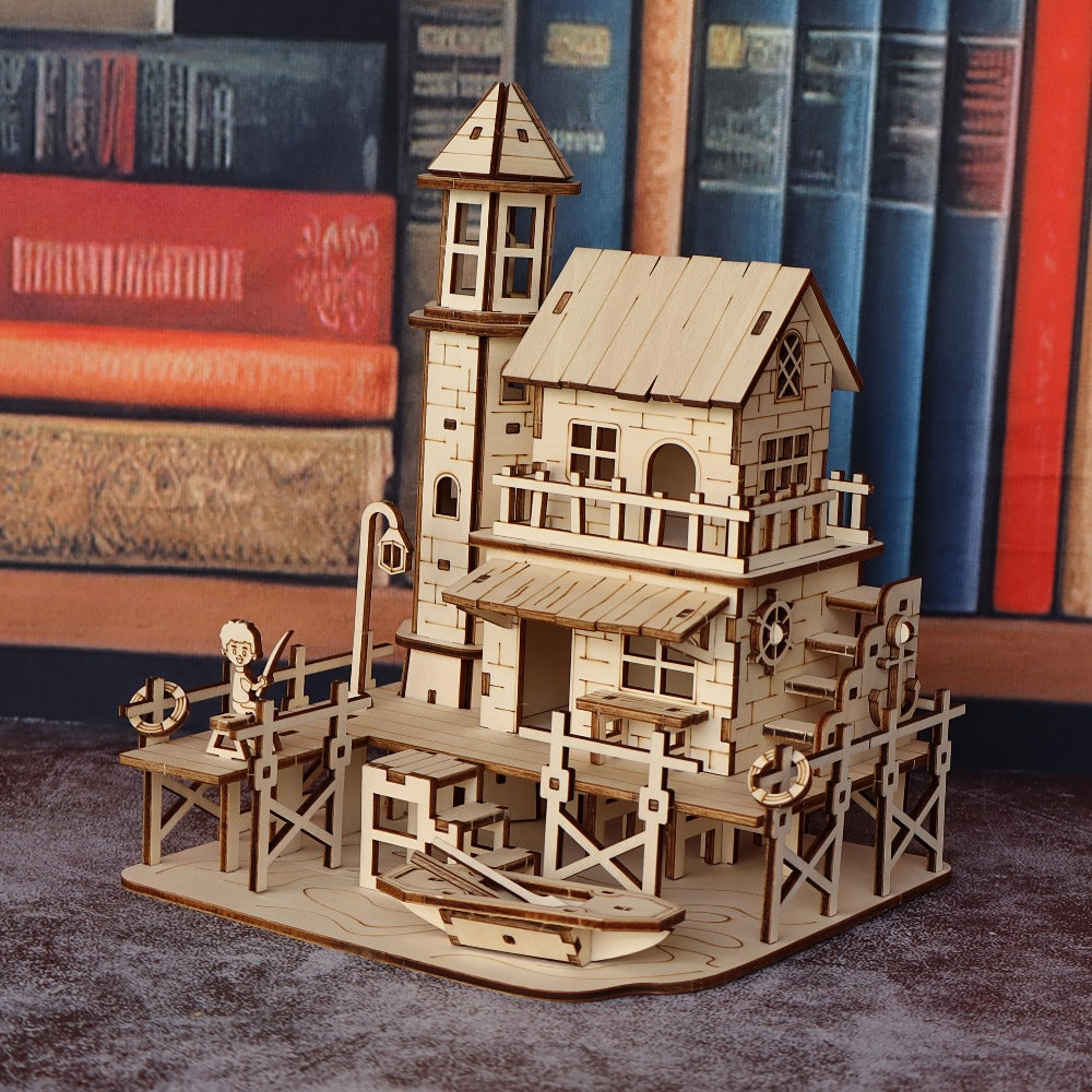 Wooden Building Model Kit with Fisherman's Hut, Treehouse-2 or Cowboy Bar Checkout Designs