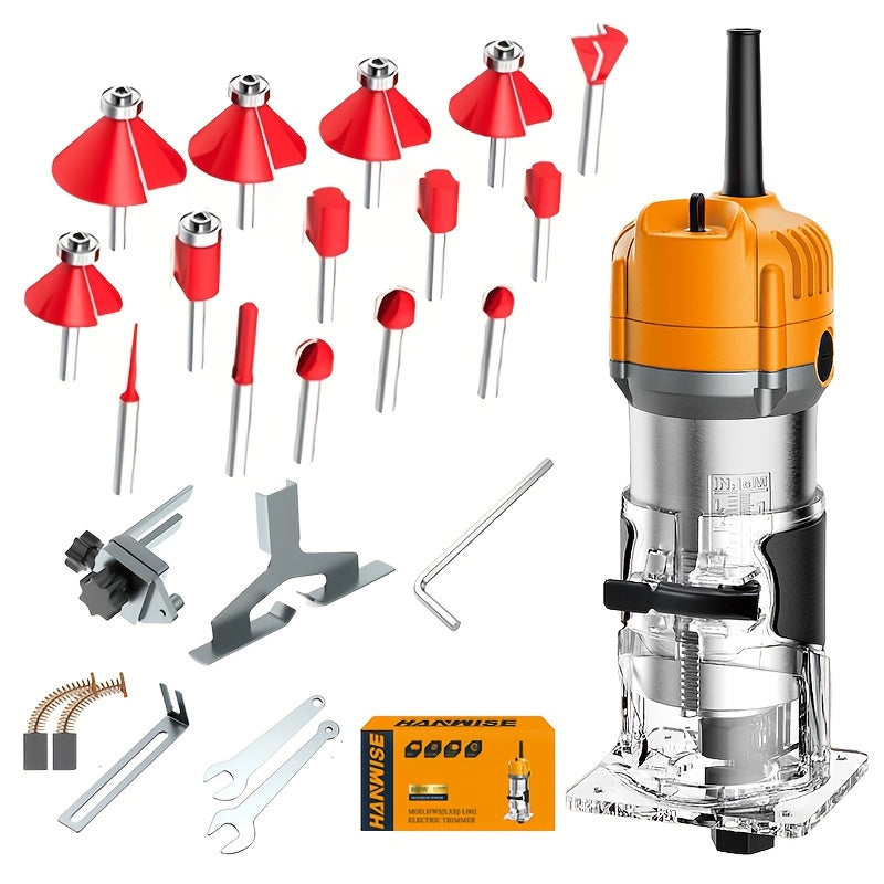 Wood Router 800W 35000 RPM Compact Electric Router Tool, 15-Piece 1/4" Bit Set for DIY Woodworking
