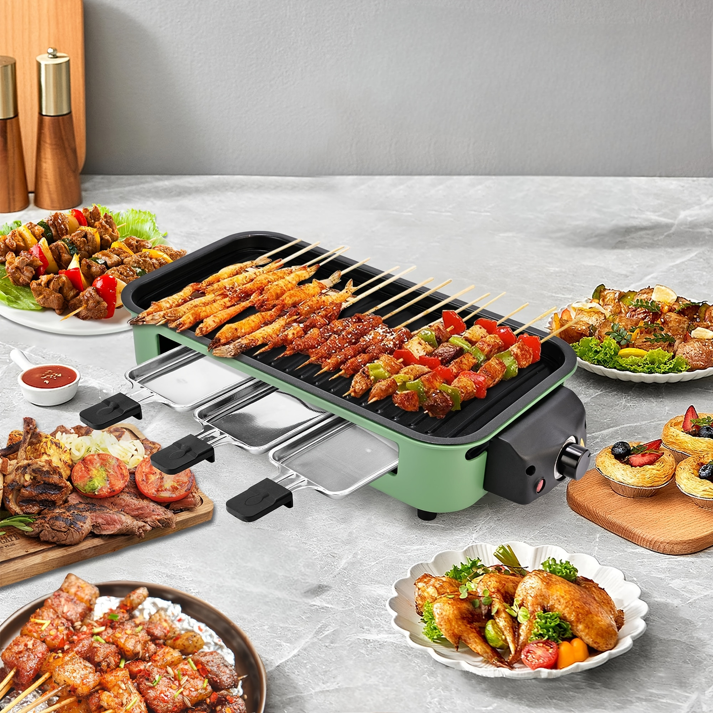 Indoor Electric Smokeless Grill 1700W with Raclette Pans, Non-Stick Plate, Portable Tabletop BBQ Griddle for Couples