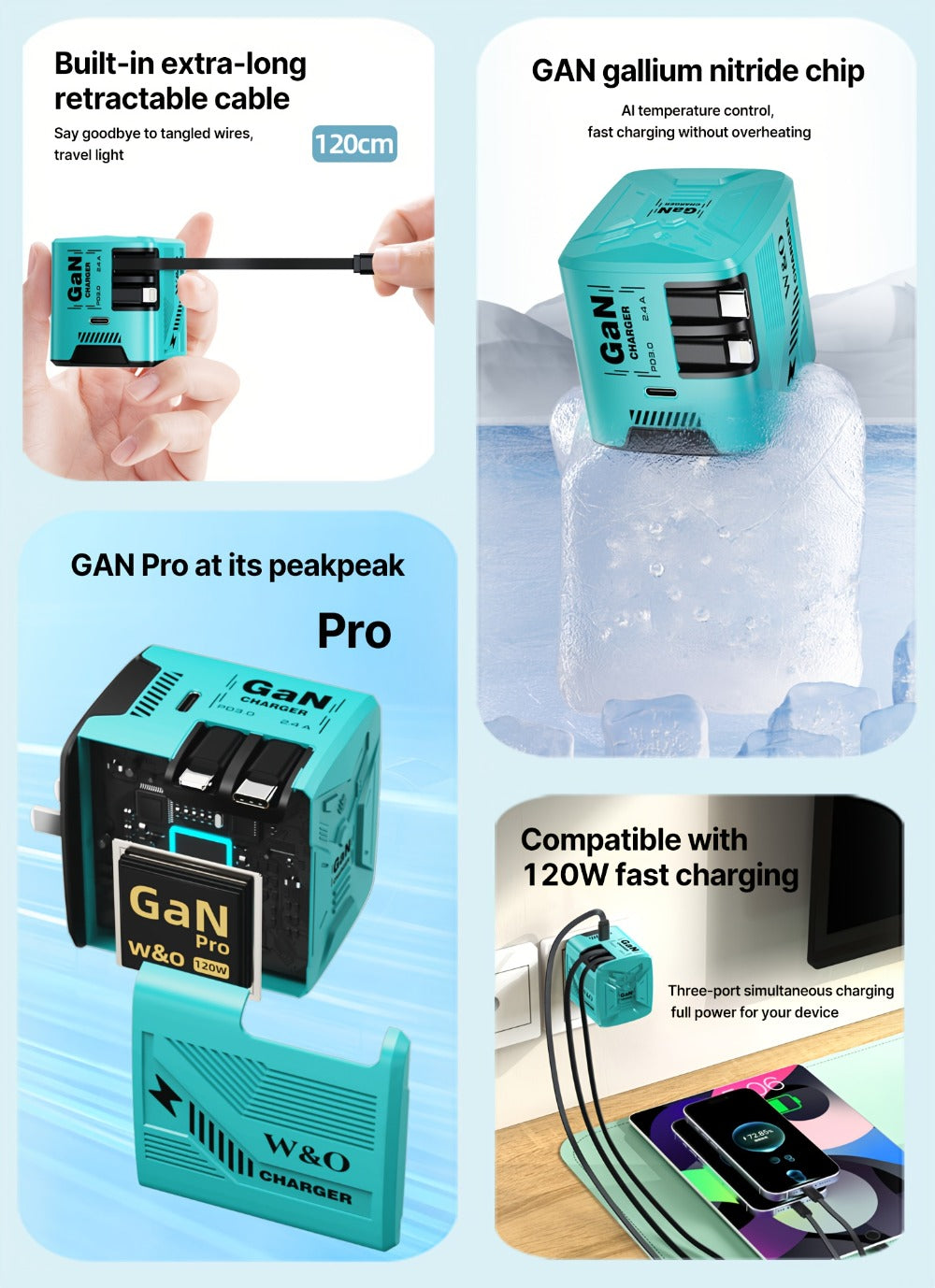GaN Charger 120W with Lightning & Type-C Retractable Cables 47in, Foldable Plug USB-C Wall Adapter
