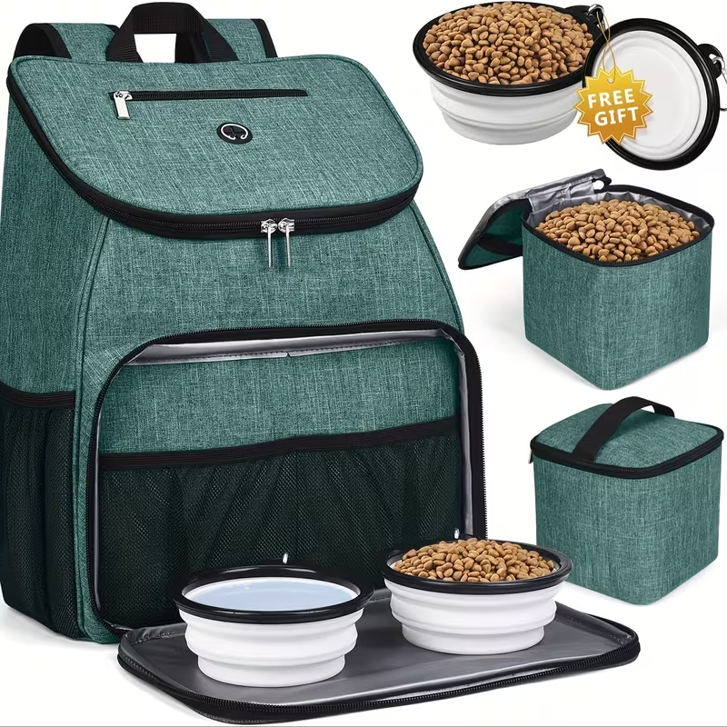 Pet Travel Backpack Double Layer Dog Cat Supplies Bag with 2 Collapsible Bowls 2 Food Baskets Portable Organizer for Outdoor Hiking Camping