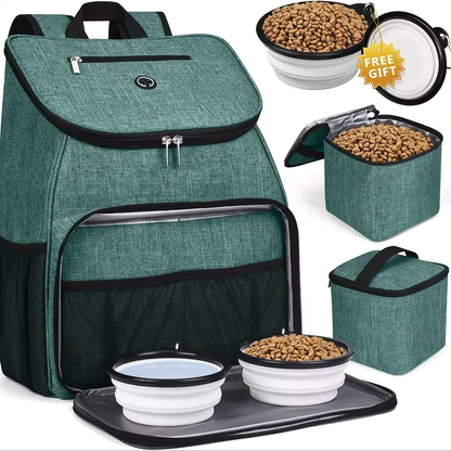 Pet Travel Backpack Double Layer Dog Cat Supplies Bag with 2 Collapsible Bowls 2 Food Baskets Portable Organizer for Outdoor Hiking Camping