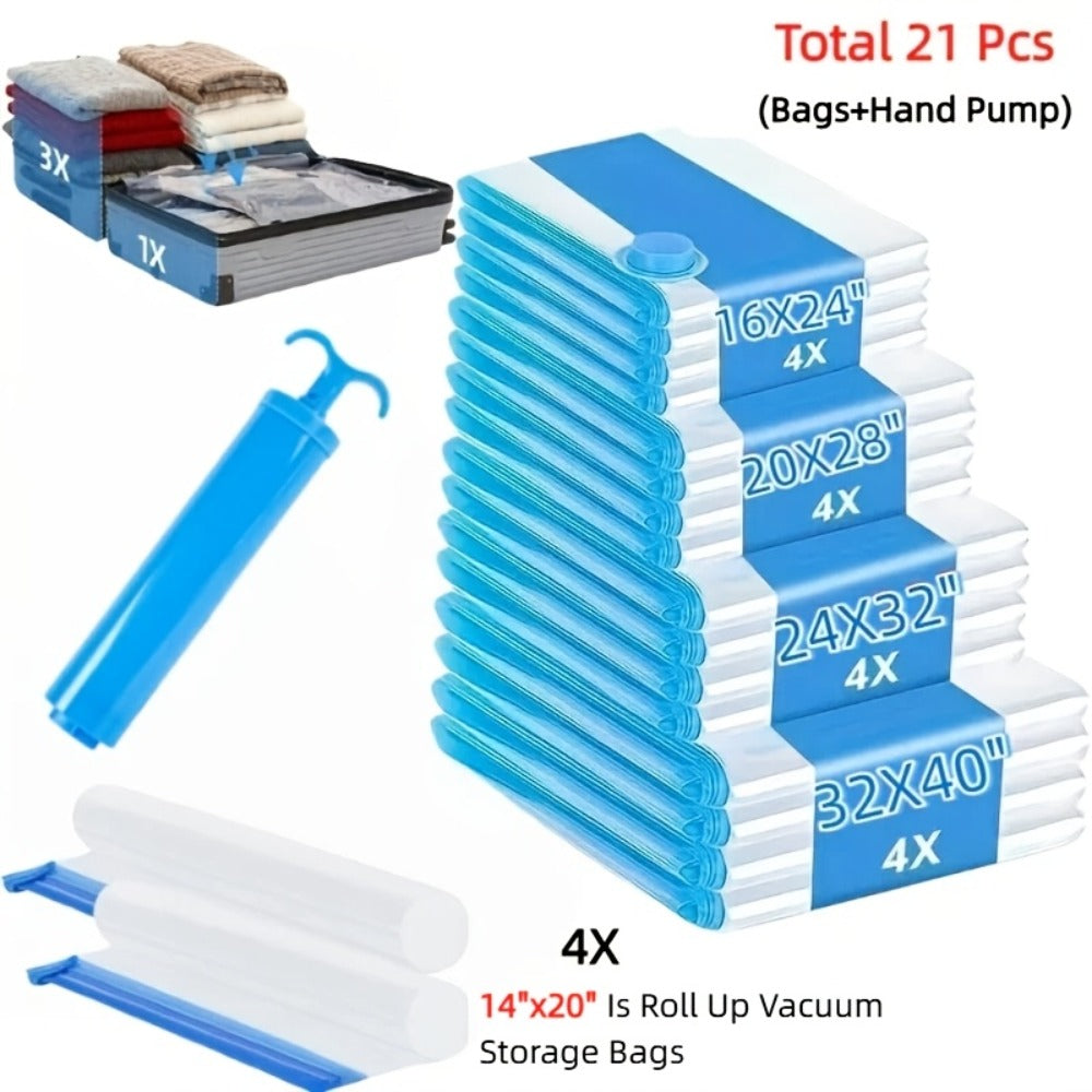 Vacuum Storage Bags with Air Pump, 20-21 Pack Reusable Compression Bags for Clothes, Quilts & Blankets