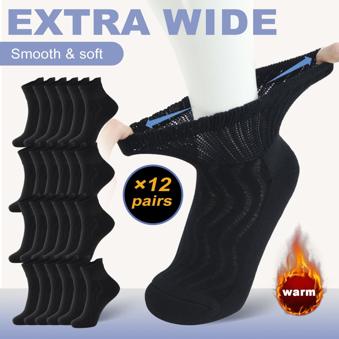 12-Pair Extra-Wide Ankle Sock Set in Black or Black-and-White with US 9-11 and 10-13 Sizes