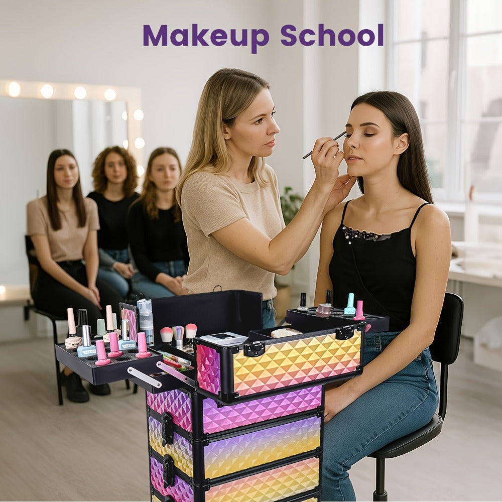 Rolling Makeup Train Case 4-in-1 Large Portable Cosmetic Trolley with 360 Degree Swivel Wheels Beauty Sponge Included Professional Salon