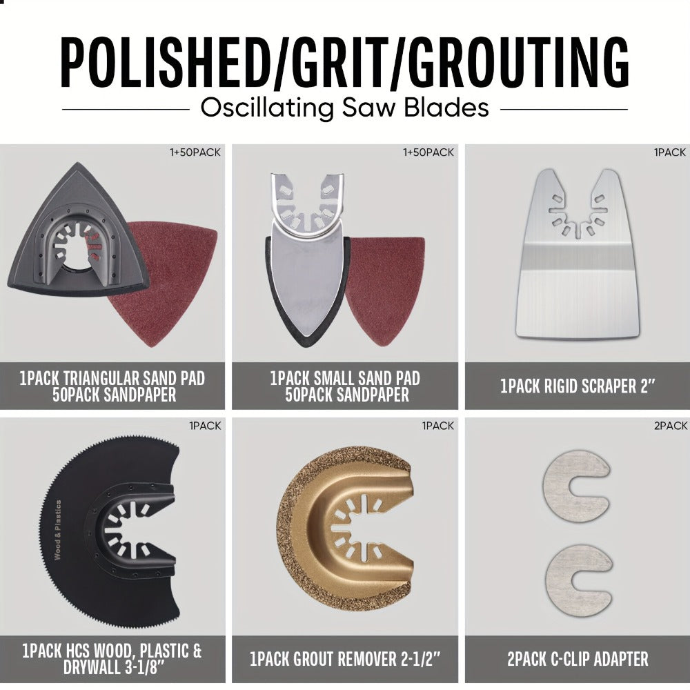 115pcs Oscillating Saw Blades Set with Sandpaper, Multitool Blades for Wood Metal Plastic, Universal Fit for Major Brands