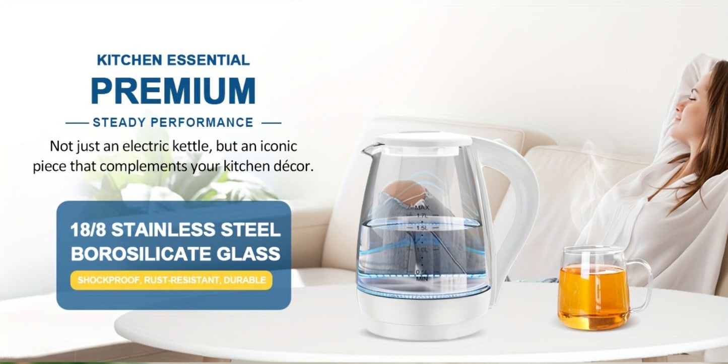 Electric Kettle 1.7L 1200W Borosilicate Glass with Blue LED, Auto Shut-Off and Cordless Base