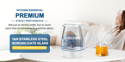 Electric Kettle 1.7L 1200W Borosilicate Glass with Blue LED, Auto Shut-Off and Cordless Base