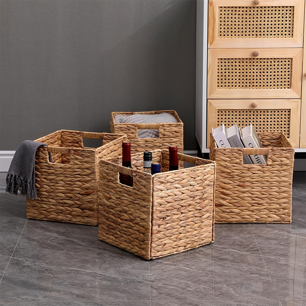 Storage Baskets, Foldable Water Hyacinth Cube with Handles, 11 x 11-Inch, 1- to 4-Pack Options