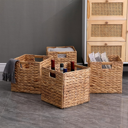 Storage Baskets, Foldable Water Hyacinth Cube with Handles, 11 x 11-Inch, 1- to 4-Pack Options