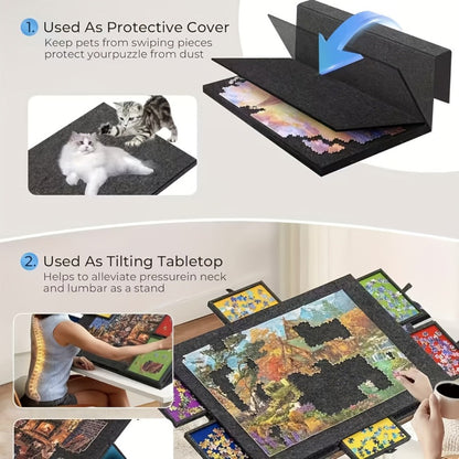 Dark-Gray Tilting Puzzle Board with Six Colored Drawers, Folding Stand and 1000-Piece Label