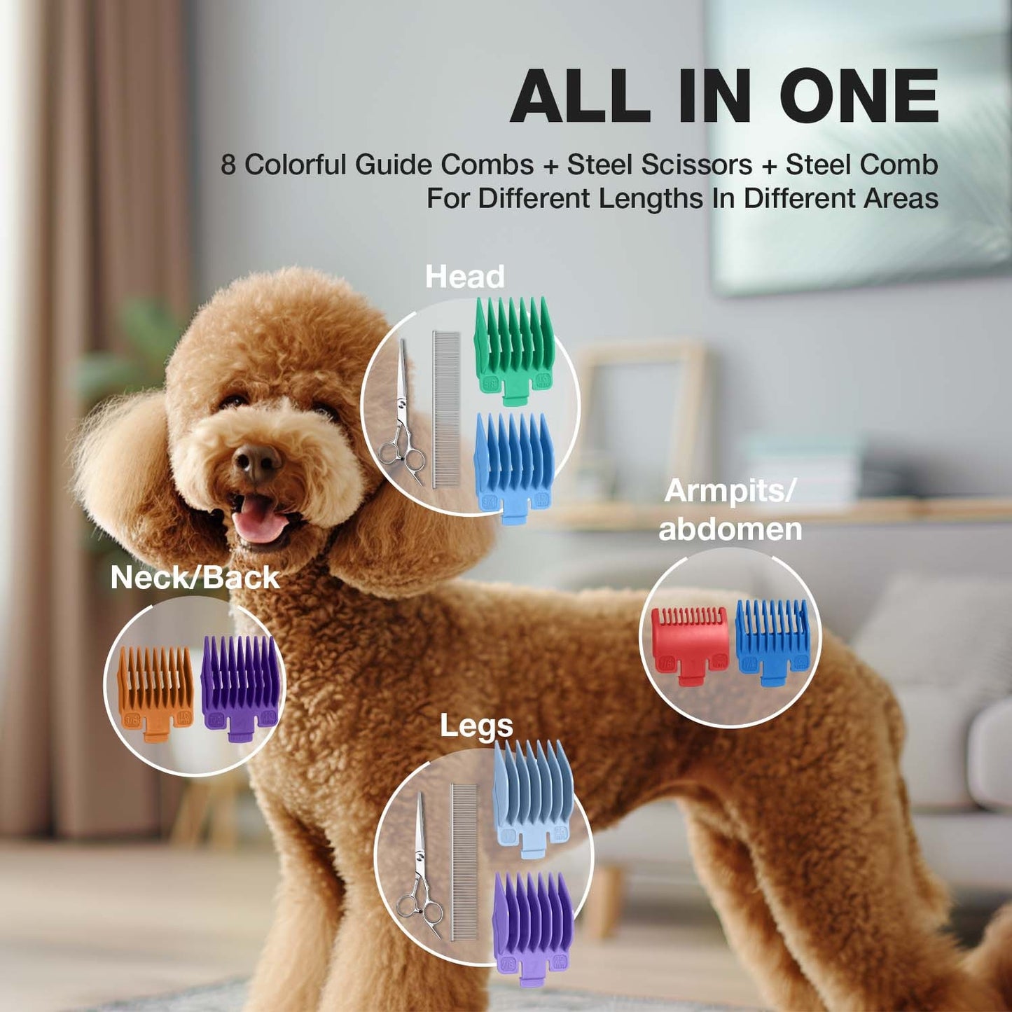 Dog Grooming Clippers Professional Kit – Low Noise Rechargeable Pet Hair Trimmer with Ceramic Blade, 8 Guards, Scissors & Comb for Dogs