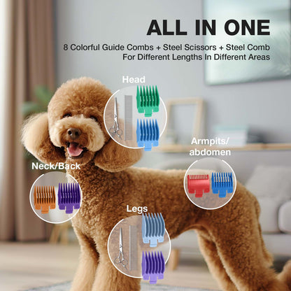 Dog Grooming Clippers Professional Kit – Low Noise Rechargeable Pet Hair Trimmer with Ceramic Blade, 8 Guards, Scissors & Comb for Dogs