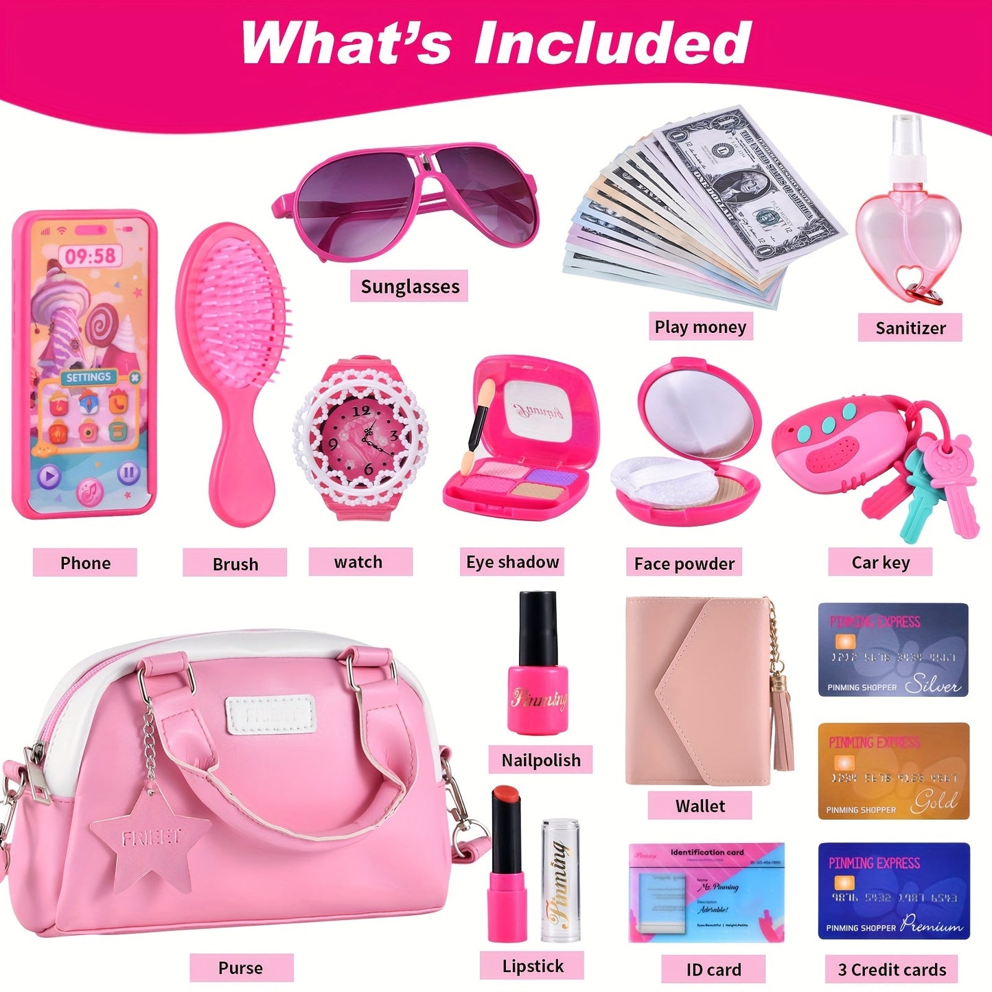 Pink Princess Play Purse Set for Girls, Pretend Makeup Handbag with Phone, Lipstick, Keys & Crossbody Bag