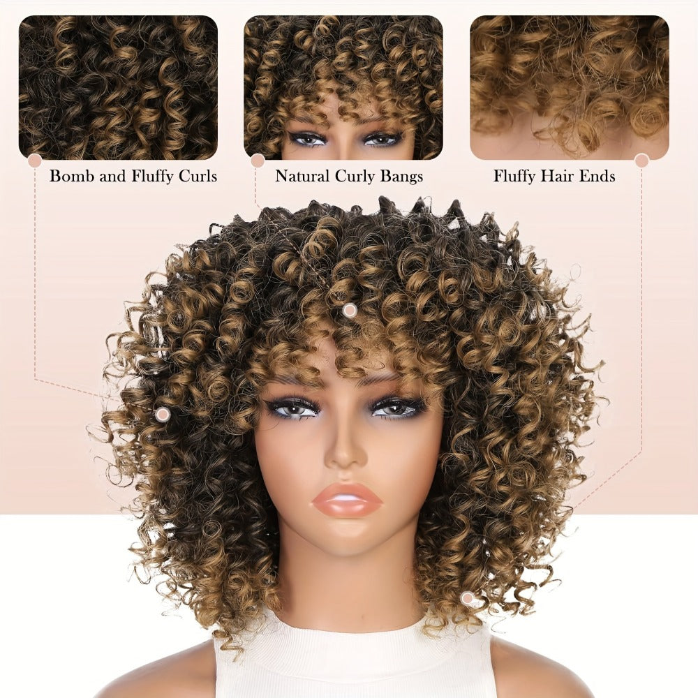 Synthetic Wig 14-Inch Kinky Curly Afro with Bangs, 180% Density and Stretch Net Cap for Daily Style