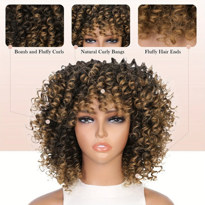 Synthetic Wig 14-Inch Kinky Curly Afro with Bangs, 180% Density and Stretch Net Cap for Daily Style