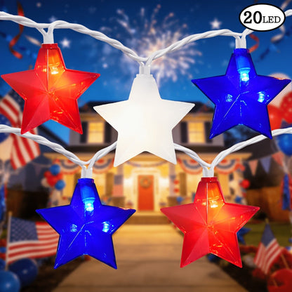 String Lights, Red White and Blue Star Lights with Plug-In Power, 8.5- or 12-Foot Length and 10 or 20 LEDs