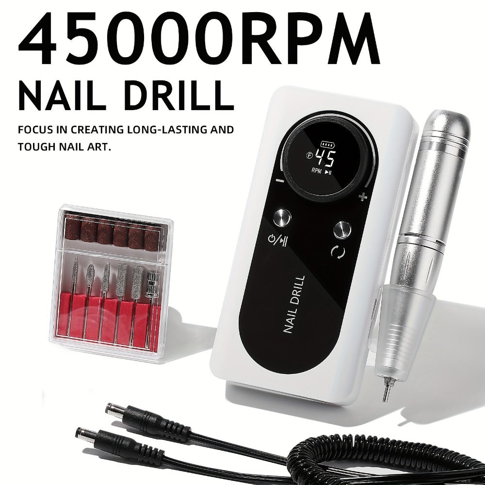 Electric Nail Drill 45000 RPM Brushless Kit with LCD Screen, 6 Bits, 6 Sanding Bands and Belt Clip