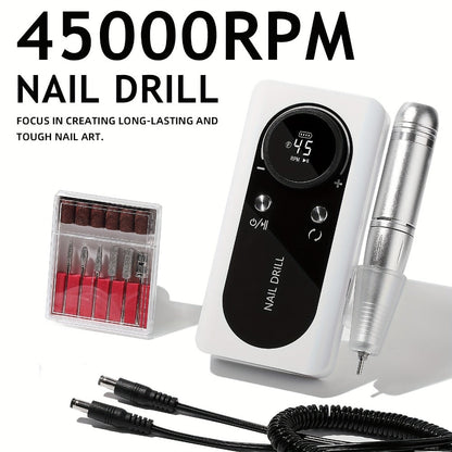 Electric Nail Drill 45000 RPM Brushless Kit with LCD Screen, 6 Bits, 6 Sanding Bands and Belt Clip