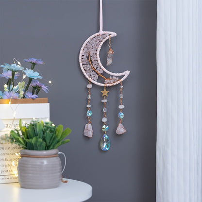 Dreamcatcher Moon Suncatcher Wall Hanging, Handmade Boho Wind Chime Pendant for Indoor Outdoor Garden