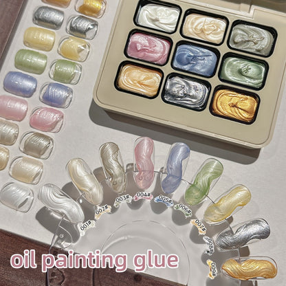 Pearlescent Nail Gel 9-Grid Shell Shimmer Mother of Pearl Cream Oil Painting Gel Polish Set – Multicolor Glitter Iridescent Spiral Design