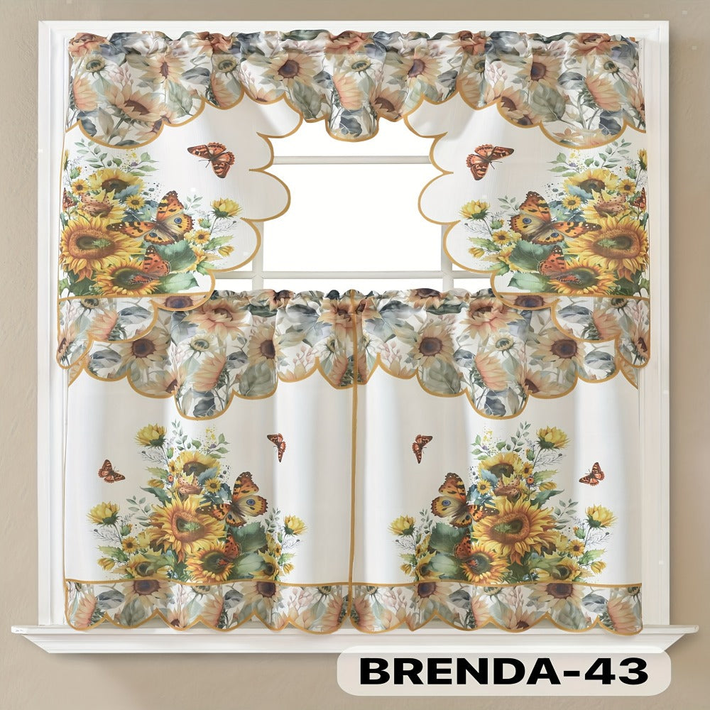 Kitchen Curtains 3 Piece Set Embroidered Satin Valance and Tiers – Rod Pocket Light Filtering Machine Washable 46 Colors
