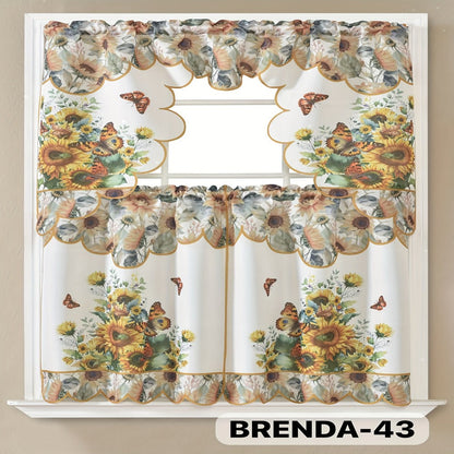 Kitchen Curtains 3 Piece Set Embroidered Satin Valance and Tiers – Rod Pocket Light Filtering Machine Washable 46 Colors