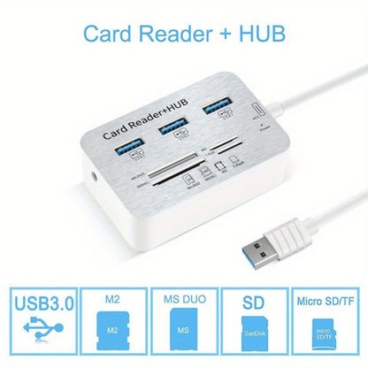 7-in-1 USB C Hub with SD TF MS M2 Memory Card Reader Adapter, 3 & 4 Port USB 3.0 Extender for PC
