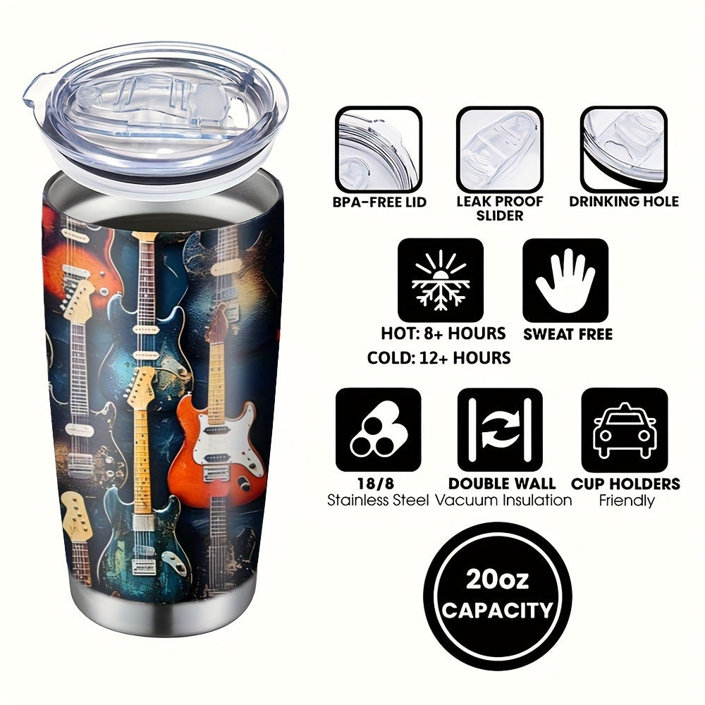Insulated Tumbler 20oz Guitar Pattern Stainless Steel Travel Mug with Lid and Straw Double for Entryways, Bedrooms and Living Spaces