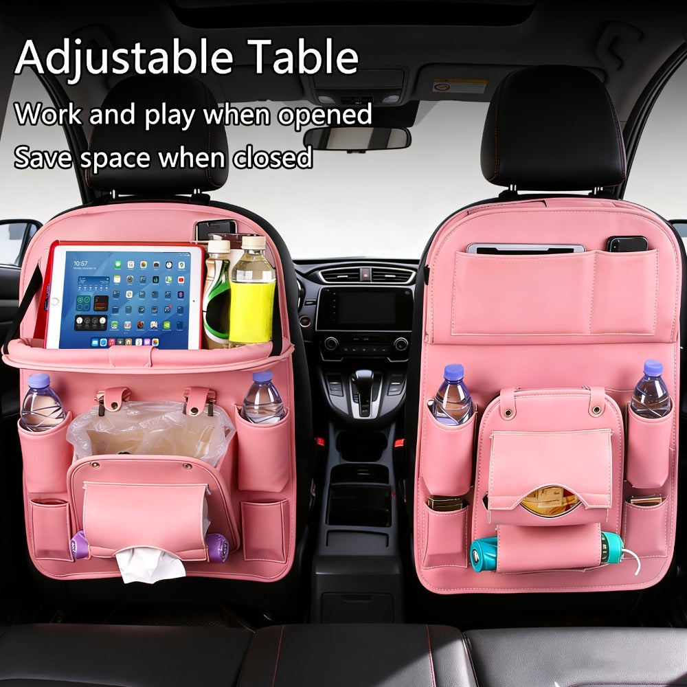 One-Piece Seatback Car Organizer with Fold-Down Tray, Cup Recesses, Mesh Pockets and Four Colors