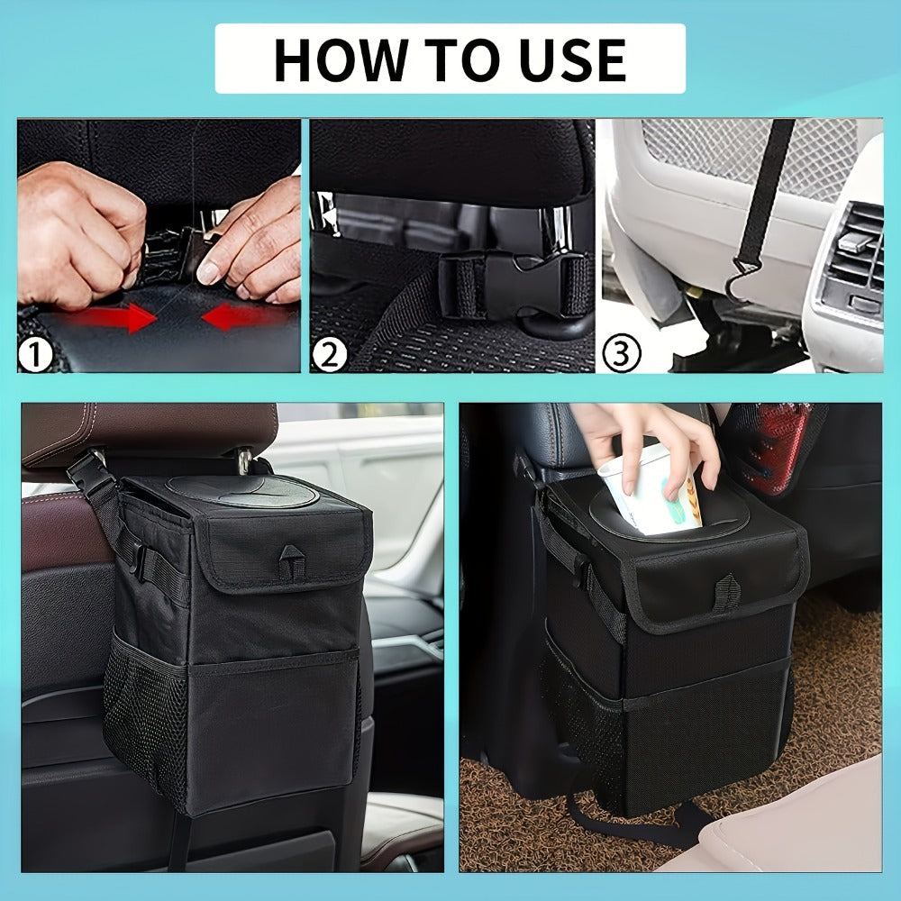 Collapsible Hanging Car Trash Bag with Lid, Side Storage Pockets, Black Finish and 25 × 16 × 15 cm Size