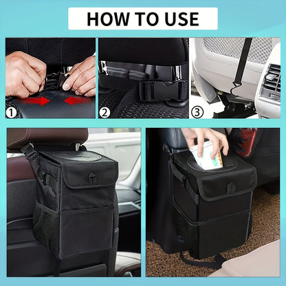 Collapsible Hanging Car Trash Bag with Lid, Side Storage Pockets, Black Finish and 25 × 16 × 15 cm Size